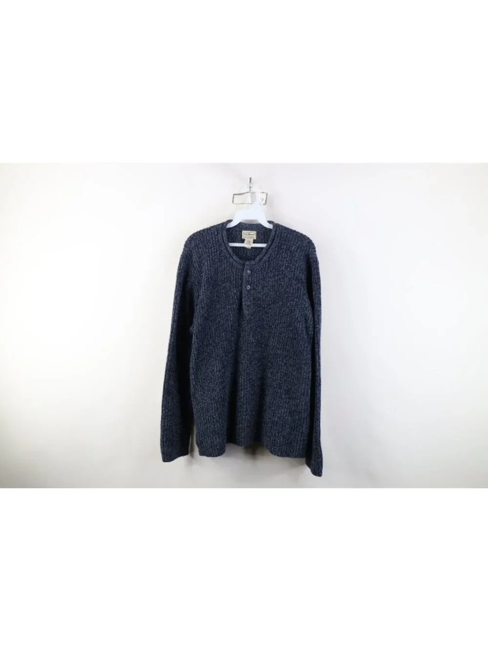 Vtg 90s LL Bean Mens Large Blank Marled Ribbed Knit Henley Sweater Blue Cotton